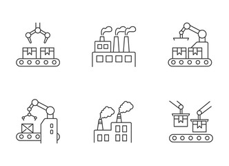 Factory production pixel perfect linear icons set. Plant conveyor belt with boxes. Merchandise package. Customizable thin line contour symbols. Isolated vector outline illustrations. Editable stroke