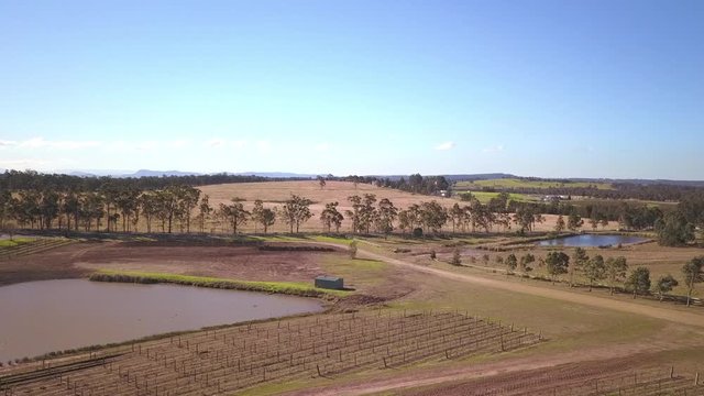 Beautiful aerial view of vineyard wineries in winter with bare leafless vine branches in the Hunter Valley, Sydney Australia.