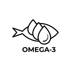 Fish oil icon isolated on white background. Vitamin omega 3 template. Drops and fish silhouette. Line style. Treatment nutrition skin care vector design.