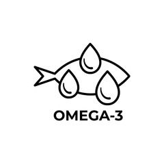 Fish oil icon isolated on white background. Vitamin omega 3 template. Drops and fish silhouette. Line style. Treatment nutrition skin care vector design.