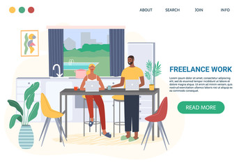 Family sitting on chair with laptop computer and working from home. Freelance work and convenient workplace vector concept. Distance work, online study education. Woman and man working at the kitchen