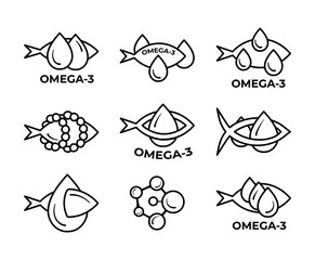Set of fish oil icon isolated on white background. Vitamin omega 3 template. Drops and fish silhouette. Line style. Treatment nutrition skin care vector design.