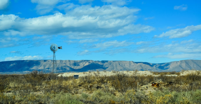 NEW MEXICO, USA - NOVEMBER 22, 2019: Small Wind Generator And Solar Panel In A Guadalupe Mountain Valley In New Mexico, USA