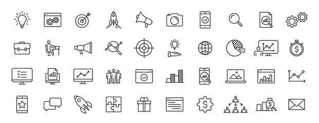 Set of 40 Web development web icons in line style. Marketing, analytics, e-commerce, digital, management, seo. Vector illustration.