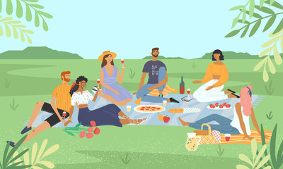 Smiling friends relaxing at a picnic in the park. Happy men and women drinking wine and eating food on lawn. Group of stylish people having lunch with nature landscape view on the background