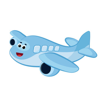 Cute cartoon Plane with a face flying. Vector illustration isolated on white background
