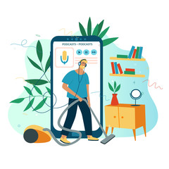 Man washing the house with vacuum cleaner and listening to podcasts, online radio streaming, music or audiobooks. Concept for mobile application for reading or entertaining. UI vector illustration.