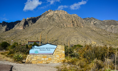 NEW MEXICO, USA - NOVEMBER 22, 2019:  Information sign "Guadalupe Mountains National Park" in New Mexico