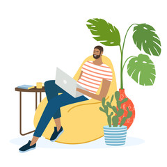 Man sitting on sofa with laptop computer and working from home. Freelance work and convenient workplace vector concept. Garden terrace interior. Distance work, online study, education.