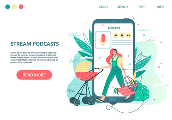 Woman wearing headphones walking with a baby stroller and listening to podcasts, online radio streaming, music or audiobooks. Vector illustation with reading or entertaining mobile.