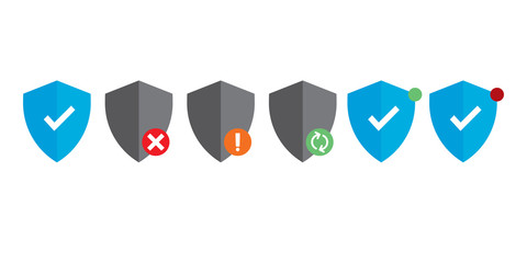 Protection shields pack with status notification. Anti virus defense icon with task indicator. Pointed shield. Updating, alarm, virus detection, warning, awareness. Vector. Simple design.  Software.