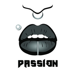 
Black lips with the inscription passion. Gothic print. Fashion pattern, trend, youth style, piercing, seamless vector texture for design, fabric, textile, wallpaper, packaging