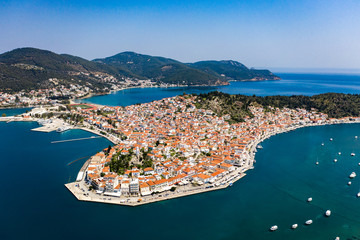 Top aerial view of the Poros island Sea harbor, Aegean sea, Greece. Panoramic view of city Poros - obrazy, fototapety, plakaty