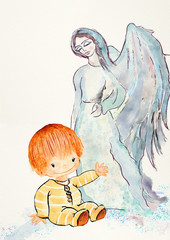 Guardian angel, with baby. Watercolor