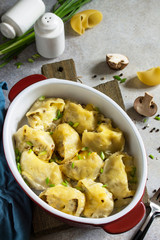 Italian pasta Conchiglioni Rigati stuffed with chicken, royal champignons, baked with cheese in bechamel sauce on a gray stone countertop. Copy space.