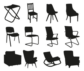 Set of silhouettes of chairs and armchairs. Isolated on white background vector image.