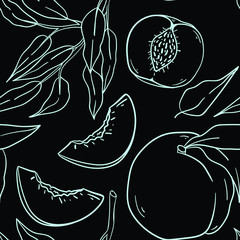 Seamless vector pattern with contour white peaches and branch with leaves on black background. Good for printing. Wallpaper, fabric and textile design. Cute wrapping paper pattern with fruits.