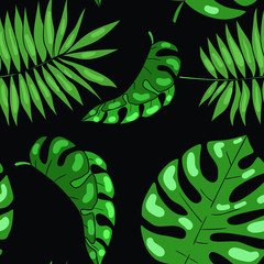 Seamless vector pattern with green palm on black background. Wallpaper, fabric and textile design. Cute wrapping paper pattern with tropical leaves. Good for printing.