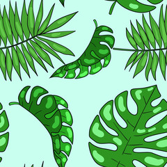 Seamless vector pattern with tropical  leaves on blue background. Wallpaper, fabric and textile design. Good for printing. Cute wrapping paper pattern with leaf.