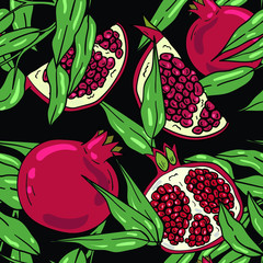 Seamless vector pattern with pomegranate, pomegranate seeds and sleeves on black background. Good for printing. Wallpaper, fabric and textile design. Botanical wrapping paper pattern. Doodle style.