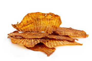 Beef jerky, pieces on white background, isolated