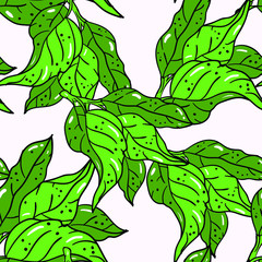 Seamless vector pattern with green fresh leaves  on white background. Wallpaper, fabric and textile design. Cute wrapping paper pattern with leaf. Good for printing.