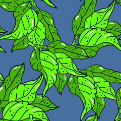 Seamless vector pattern with green fresh leaves  on blue background. Wallpaper, fabric and textile design. Cute wrapping paper pattern with leaf. Good for printing.