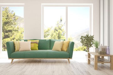 White living room with sofa and summer landscape in window. Scandinavian interior design. 3D illustration
