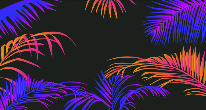 Tropical summer landscape with coconut palm trees or ferns. Lounge atmosphere on vacations. Vaporwave and retrowave style illustration for print or cover.