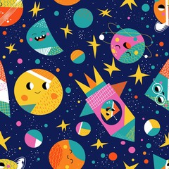Cute space flat cartoon seamless pattern vector