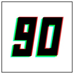 Fototapeta premium Number 90,ninety vector desing logo.Dynamic, split-color, shadow of number red, green, blue in black frame on white background.For social media,design elements, anniversary celebration greeting