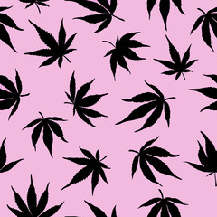 Fototapeta na wymiar Seamless pattern of black hemp on a pink background.Black hemp leaves on a pink background. Marijuana pattern. Vector illustration. 