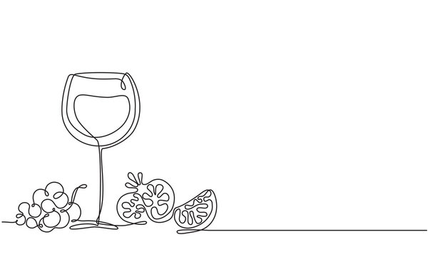 Wine glass, fruit, grape, pomegranate. Vector. Drawing by continuous line. Doodle. Sketch. Glass of pomegranate Juice.