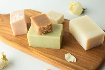 Natural bars of soap. Organic handmade soap on a white background. Skin care.