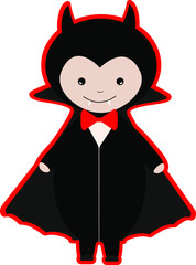 Colorful vector illustration of little baby in black bat costume, hand drawn style isolated on white background