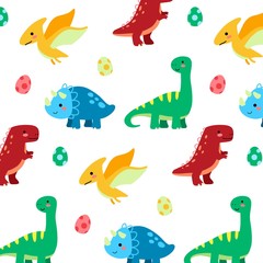 Fototapeta na wymiar Flat dinosaurs and egg seamless pattern on a white background. texture for print wallpaper, wrapping, packing and backdrop. Premium Vector