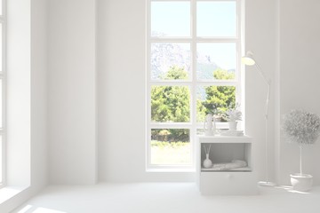 Empty room in white color. Scandinavian interior design. 3D illustration