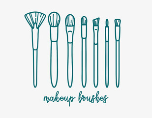 Makeup Brush Set. Vector outline illustration. Beauty and skincare icons set, isolated on white background. Make up collection for shop and salon