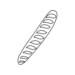 Baguette with incisions in the style of Doodle.Outline drawing by hand.Black and white image.Monochrome.Pastries for Breakfast.Confectionery.Vector illustration.