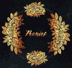 Vector illustration.Flower decoration of peonies. prints on T-shirts. background chalkboard,wreath,card for you.Handmade, gold color