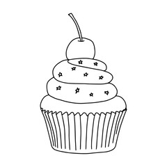 Cupcake with cherry and cream in the style of Doodle.Black and white image of baking.Monochrome.Outline drawing by hand.Sweet confectionery products.Vector image.