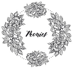 Vector illustration.Flower decoration of peonies. prints on T-shirts. background white,wreath,card for you.Handmade