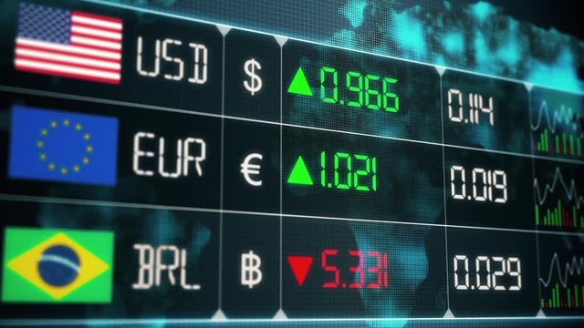 Evolution of Brazilian Real, Euro, US dollar currencies with up and downs. Currency market with green and red digital animation of prices in the world, with financial and ecomonic crisis