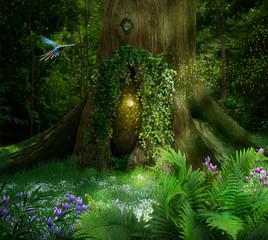 Fantasy tree with a hole and lamp in a beautiful forest
