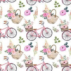 Watercolor shabby chic vintage style pattern with floral bicycle and pretty pink flowers. Cute and romantic botanical garden print for textile design, cards. Hand painted illustration