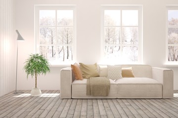 White living room with sofa and winter landscape in window. Scandinavian interior design. 3D illustration