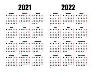 calendar 2021 and 2022, week starts on Monday, basic business template. vector illustration