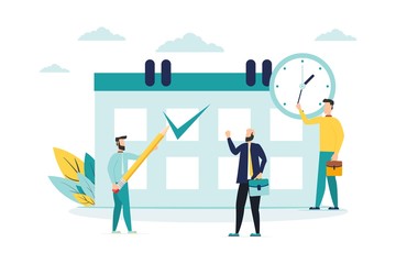 vector illustration. little people characters make an online schedule in the tablet. design business graphics tasks scheduling on a week - Vector - Vector
