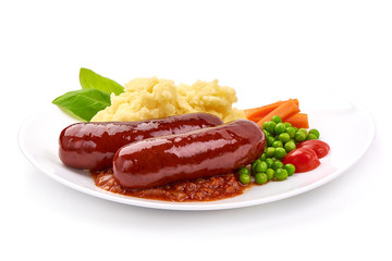 Bangers and mash, Traditional British cuisine, isolated on white background