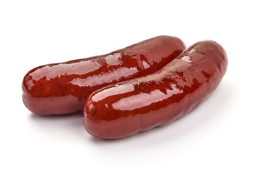 Grilled pork sausages, isolated on white background